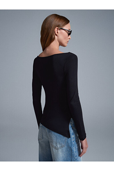 Dilvin 32198 Boat Neck Gathered Top-Black