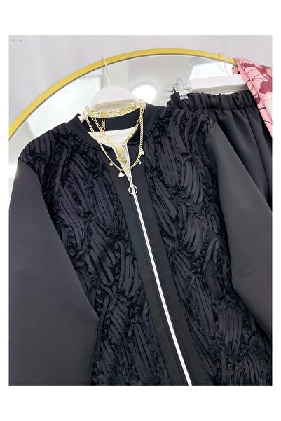 YEDİLALE Lace-Up Stand-Up Collar Zippered Puff Scuba  Jacket Pants Double Set