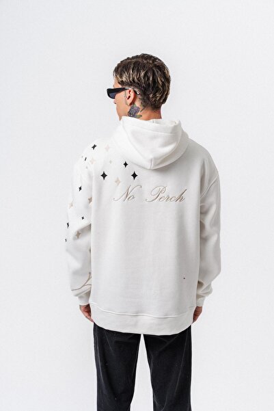 Respire Men's No Perch Embroidered Hooded Oversize Hoodie Ecru