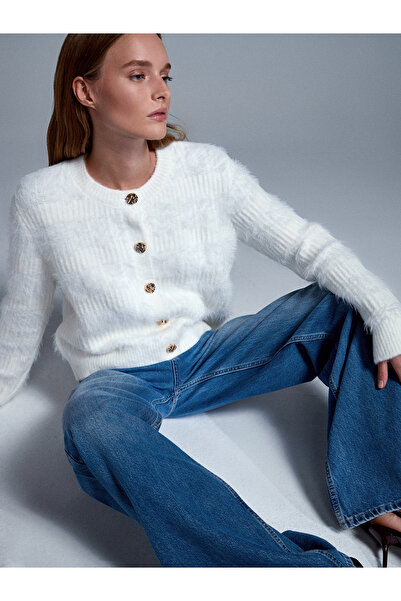 Dilvin 60990 Wool Blend Buttoned Knitwear Cardigan-Ecru