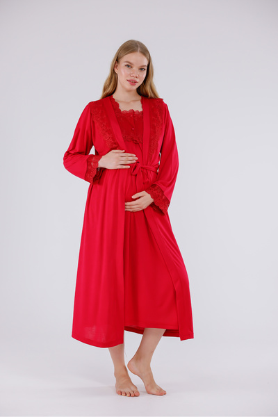 Yulem Homewear Cherry Special Lace Long Sleeve Cotton Full Length Maternity Nightgown-Robe Set of 2