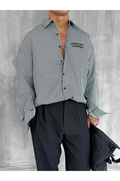 ablukaonline Ανδρικό μακρυμάνικο πουκάμισο με στάμπα oversize μαύρο