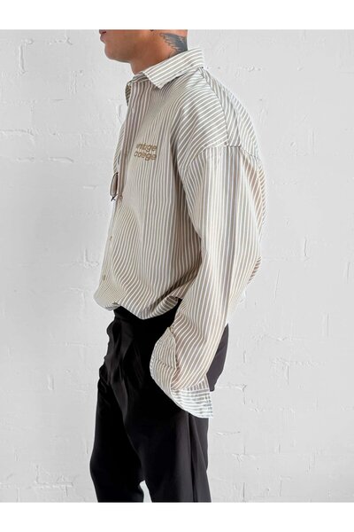 ablukaonline Ανδρικό μακρυμάνικο πουκάμισο με στάμπα oversize ανοιχτό καφέ