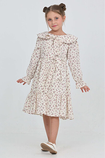 MODANINO Kız Çocuk Fiyonk Yakalı Bel Kuşaklı Çiçek Desenli Kloş Etekli Elbise...
