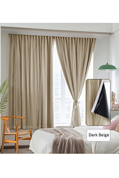 Generic Velcro Curtains with Sheer, 100% Blackout, 1 Panel, 2mW *2.3mH,Fits Windows 1-1.3m Wide, #Dark Beige