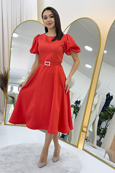 zks grup tekstil Women's Balloon Sleeve Stone Belted Midi Length Satin Evening Dress Black, White, Indigo, Saks, Red, Navy Blue