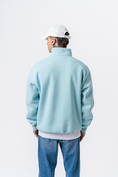 Respire Men's Text Detailed Half Zipper Basic Sweatshirt Baby Blue