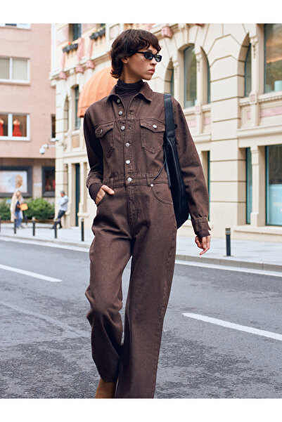 Dilvin 72069 100% βαμβακερή μακρυμάνικη τζιν φόρμα-καφέ