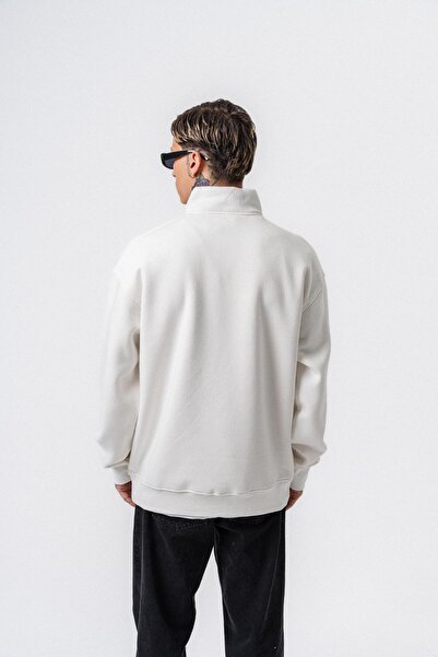 Respire Men's Text Detailed Half Zipper Basic Sweatshirt Ecru