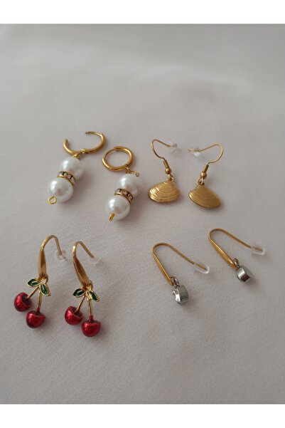 KobalBusiness Steel Earring Set-Cherry Hoop-Ring-Shaped Hoop-Mussel Hoop-Pearl Hoop Earring Set.