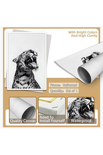 Al Raied ملصقات حيوانات مضحكة، فن جداري باللونين الأبيض والأسود، صورة فهد يزأر