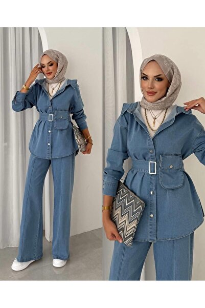 Cardella Διπλό γυναικείο τζιν κοστούμι με φορητή ζώνη και λεπτομέρεια τσάντας |   Σετ τζιν που ταιριάζει με τα παντελόνια της μουσουλμανικής ένδυσης