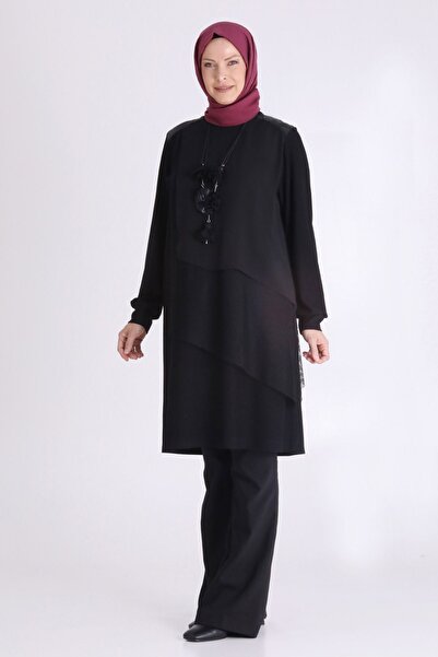 behrem Large Size Modal Knitwear Hijab Tunic with Front Closure and Mesh 20131 Black