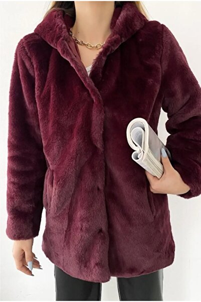 GÜLDEN KATRAN Kadın Astarlı Peluş Kapüşonlu Kürk Mont