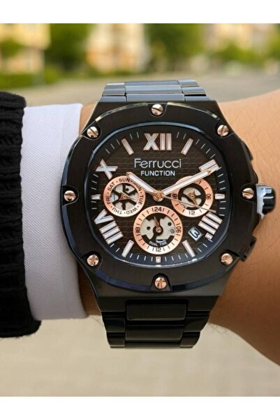 Ferrucci Function Men's Wristwatch – Black Steel Band – Rose Gold Detailing –...