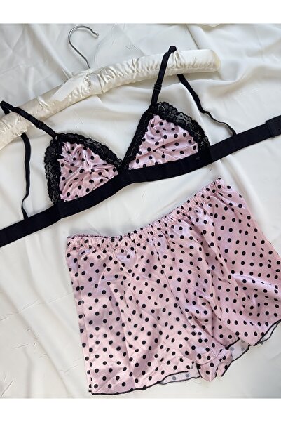 ROZENİN LINGERIE Desenli Saten Bralet Şort Pijama Takımı