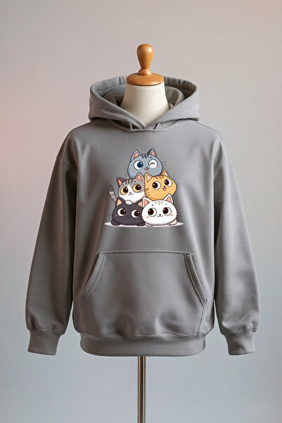 Vordevia سويت شيرت رمادي كبير الحجم مصنوع من القطن بطبعة قطة وثلاثة خيوط