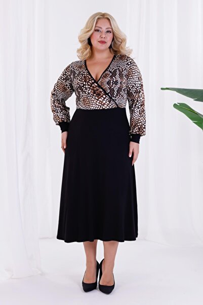 Madwilo Women's Coffee Black Snake Pattern Blocky Double Breasted Neckline Balloon Sleeve Plus Size Stretchy Maxi Dress