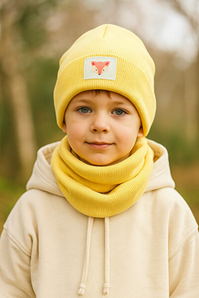 MintTasarımButik Cotton Cable Knit Beanie Neck Warmer Set for Baby and Child Mustard – Winter Soft Set