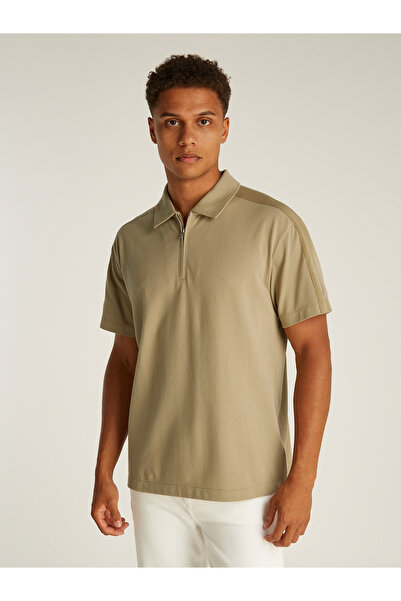 Calvin Klein Men Tree House Short Sleeve Logo Tape Zipper Neck Polo T-Shirt