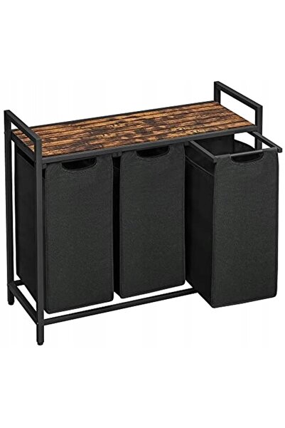 Other Coș de rufe vertical, 3 compartimente, mansardă, maro rustic, negru