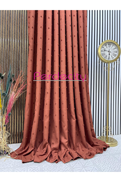 PERDECITY Bohem Tarzı Keten Ponponlu Kiremit Fon Perde Ütü İstemez 1/3 Sık Pile Her Odaya Uygun.