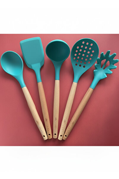 WareHause0 Bambu Saplı Silikon Servis Seti 5'li, Kepçe, Kaşık, Kevgir, Makarn...