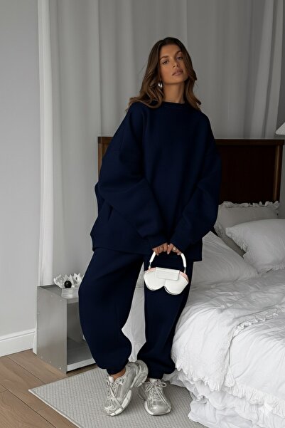 The Champ Clothing Women's Double Oversize Tracksuit Set Basic Navy Blue – Crew Neck, Elasticated Legs, 3 Thread Fleece