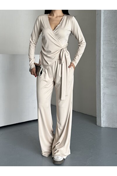 solena sln Women's Beige Draped Asymmetrical Cut Side Tie Blouse Pants Modal Set