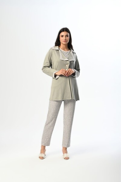 LOHOUSE Women's Gray Plaid Patterned Shawl Collar Winter Cotton Maternity Pajama Set with Maternity Robe 3-Piece Set