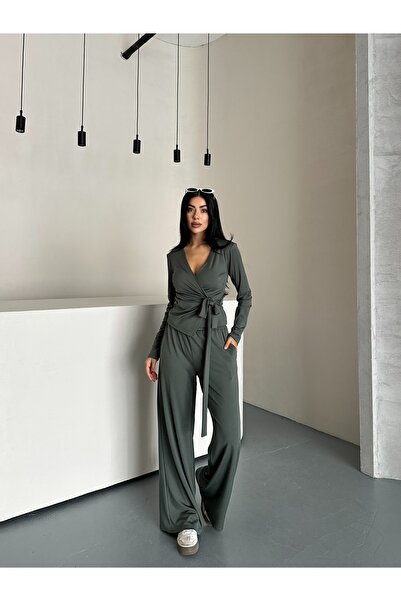 solena sln Kadın Haki Drapeli Asimetrik Kesim Yandan Bağlamalı Bluz Pantolon Modal Takım
