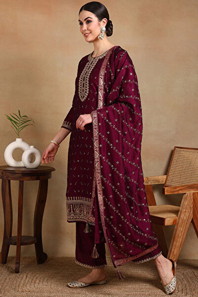 ZERE Silk Blend Wine Embroidered Straight Suit Set