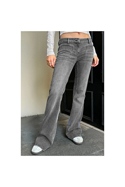 Mokşa Y2K Vintage Front Pocket Detail Gray Low Waist Flared Bootcut Jean