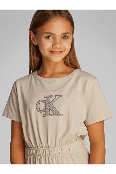 Calvin Klein Girls Oyster Gray Monologo Metallic Short Sleeve T-Shirt Dress