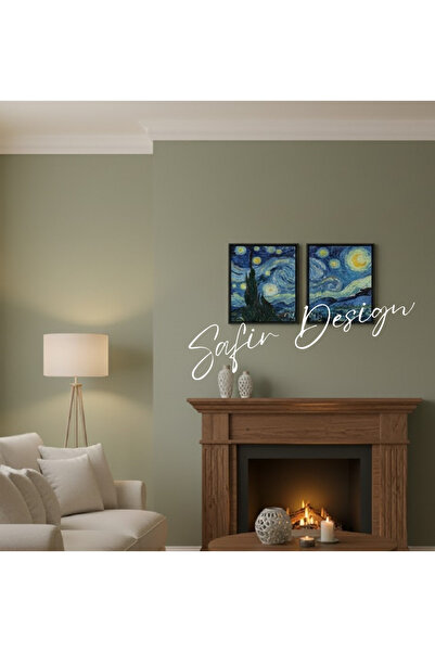 Safir Design 2'li Yıldızlı Gece Tablosu Seti | Mavi Tonlarda Van Gogh Tarzı Duvar Sanatı çerçeveli Tablo Seti