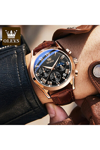 OLEVS Ανδρικό Ρολόι Δερμάτινο Quartz Αναλογικό Κλασικό Business Καφέ
