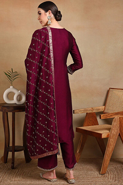 ZERE Silk Blend Wine Embroidered Straight Suit Set