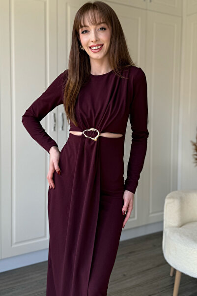 Dilay Gökoğlu Butik Μίντι μπορντό φόρεμα με μακρυμάνικο λεπτομέρεια στη μέση