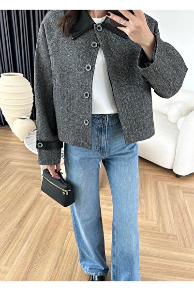 LOKADI Women's Faux Leather Trimmed Herringbone Jacket