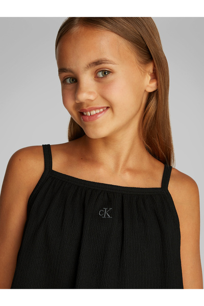 Calvin Klein Girls Black Crinkle Layered Tank Flared Dress