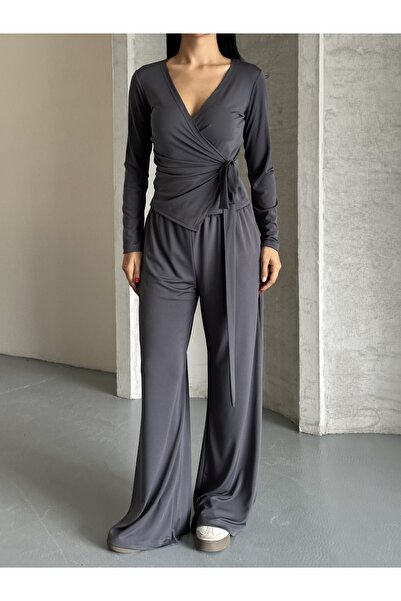 solena sln Women's Anthracite Draped Asymmetrical Cut Side Tie Blouse Pants Modal Set