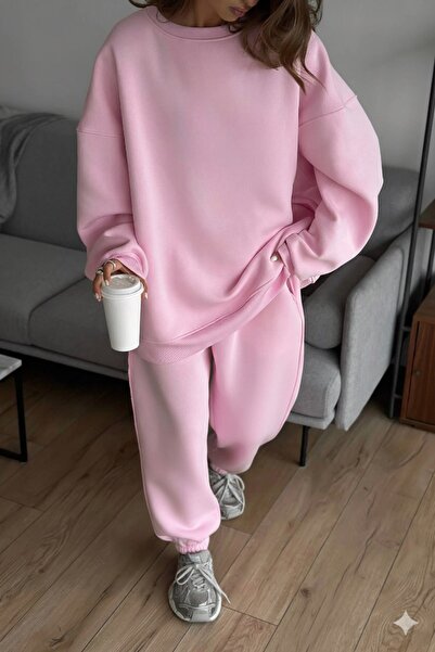 GIA - ART Kadın Double Oversize Eşofman Takımı Basic Pembe – Bisiklet Yaka, Lastikli Paça, 3 İplik Polar
