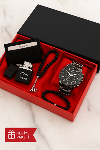 nw northwatch Erkek Siyah Hediye Seti – İsimli Çakmak, Tespih, Bileklik ve Ka...