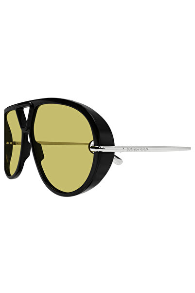 Bottega Veneta BV1274S 002 Aviator Sunglasses, Glossy Black Frame, Yellow Lenses