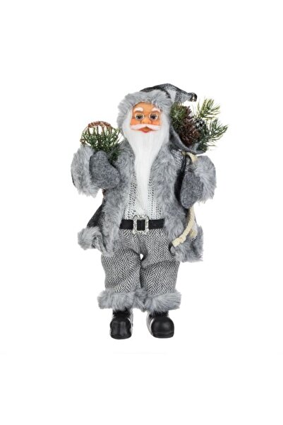 OEM Figurina Decorativa Mos Craciun cu Blana Alba Gri & Schiuri 30cm Ideal De Craciun Acasa