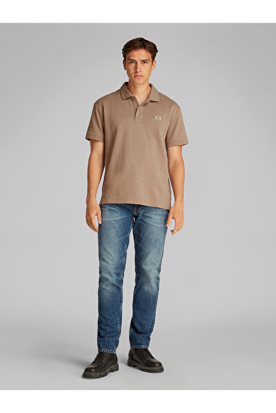 Calvin Klein Men Taupe Gray Short Sleeve Woven Label Polo T-Shirt