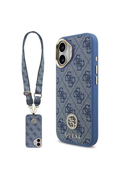 Guess Carcasă pentru iPhone 17, 4G Strass Logo cu curea mare, buton metalic, MagSafe, protecție subțire, albastră