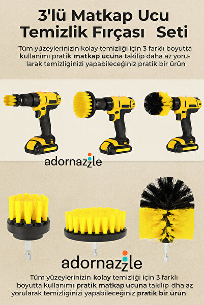adornazzle Zorlu Kirler İçin Matkap Ucu Fırça Seti, 3’lü Başlık, Çok Amaçlı Temizlik ve Yıkama Aparatı