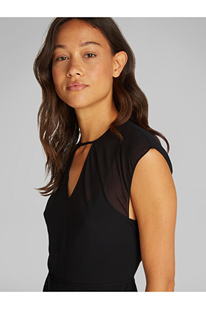 Calvin Klein Women Black Belted Keyhole Neck Sheer Midi Dress