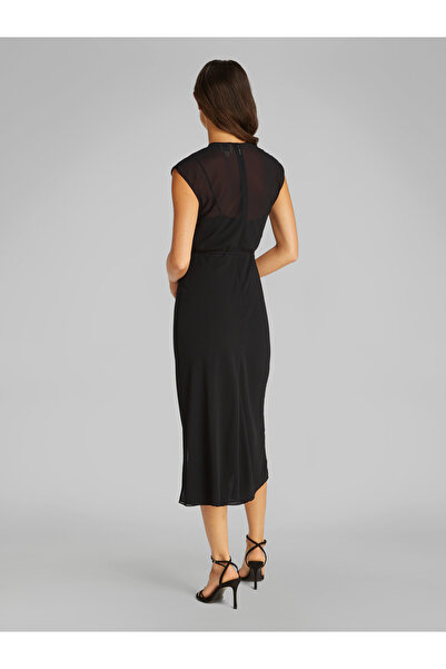 Calvin Klein Women Black Belted Keyhole Neck Sheer Midi Dress